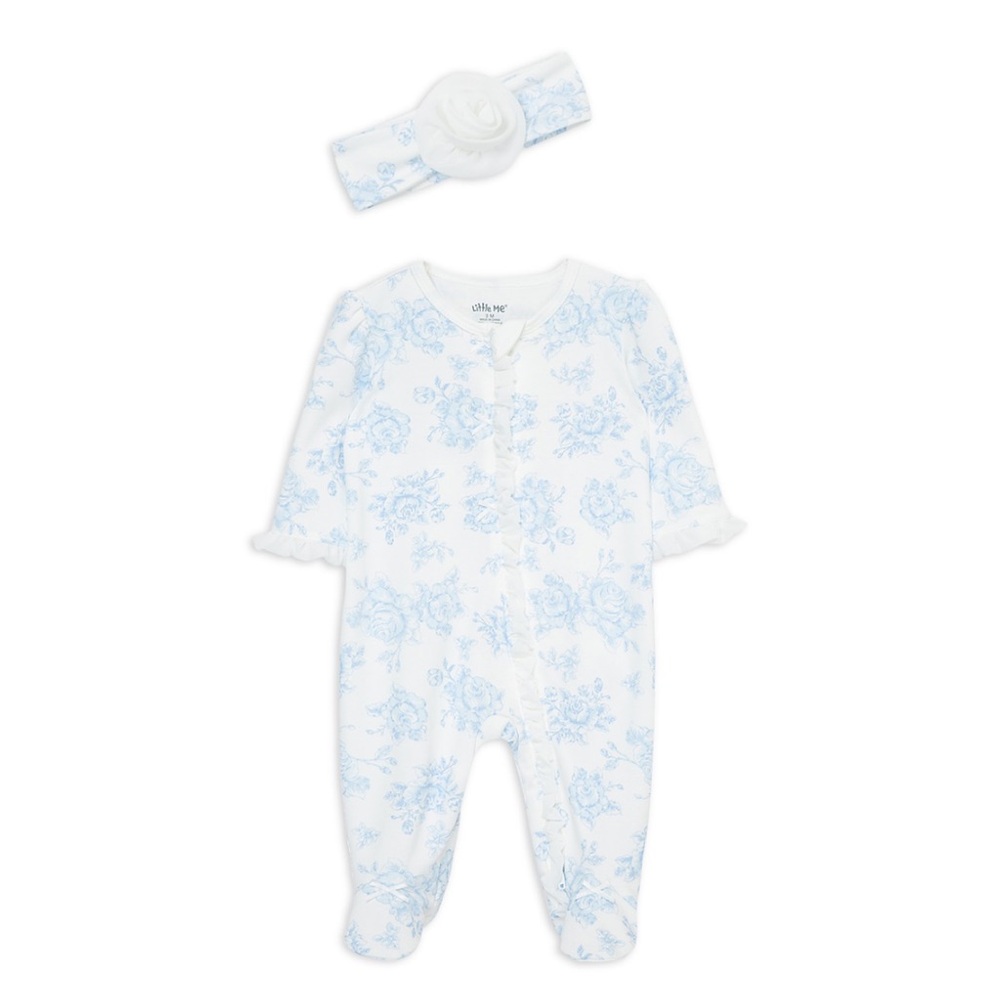 Little Me Roses Print Footie Pajamas with Headband in White and Blue - size 6M